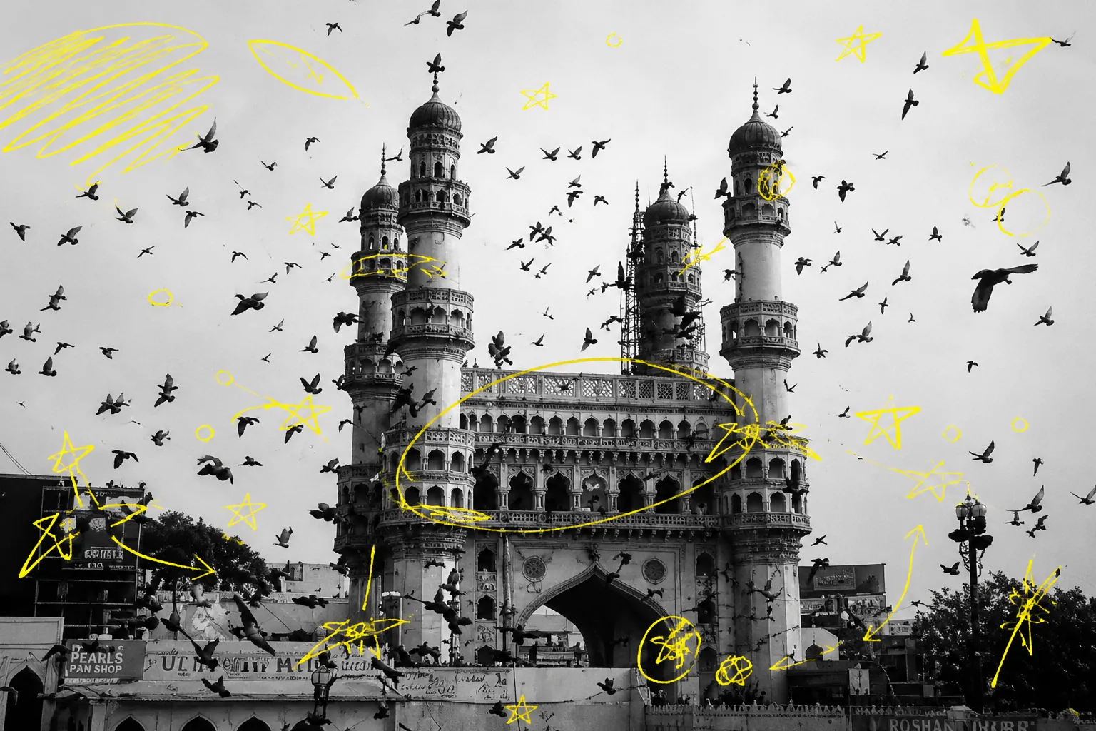 Charminar, Hyderabad, marked up in acid yellow
